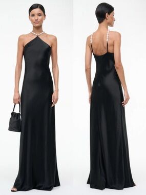STAUD Cadence Dress Black Satin Pearl Strap Maxi Gown Size 6